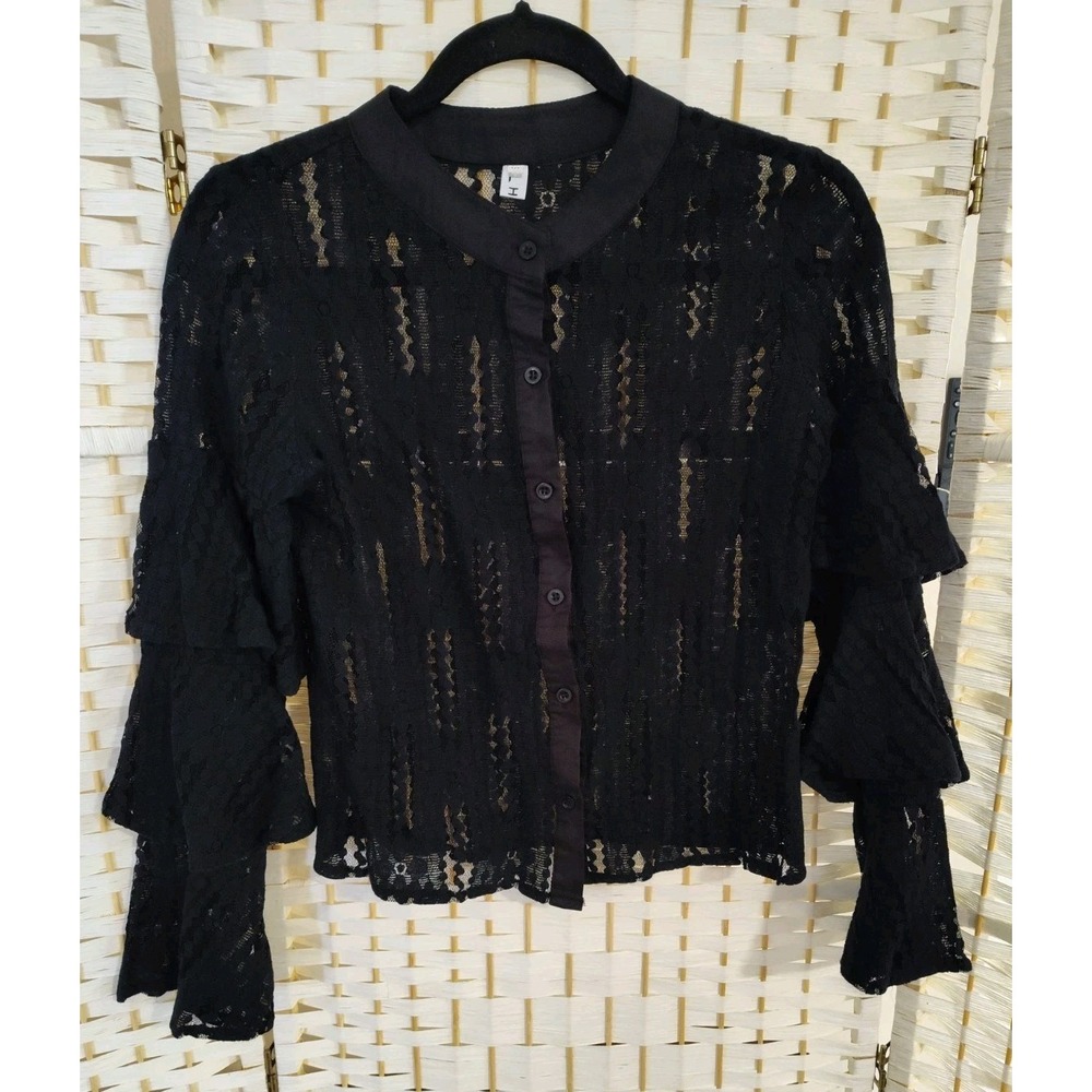 Lace Tiered Sleeves Blouse Black Button Up Sheer SEXY Goth Fairy Boho Romantic